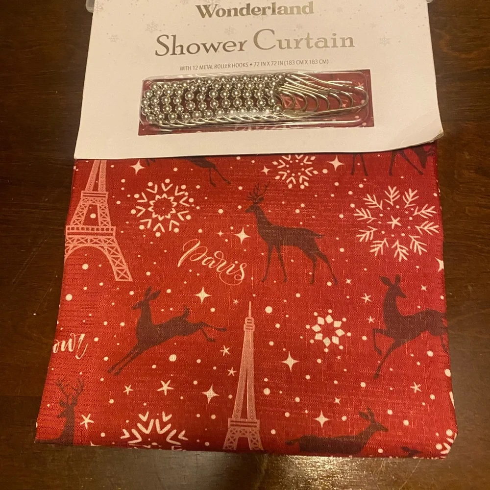 NEW Winter Wonderland shower curtain with metal hooks.